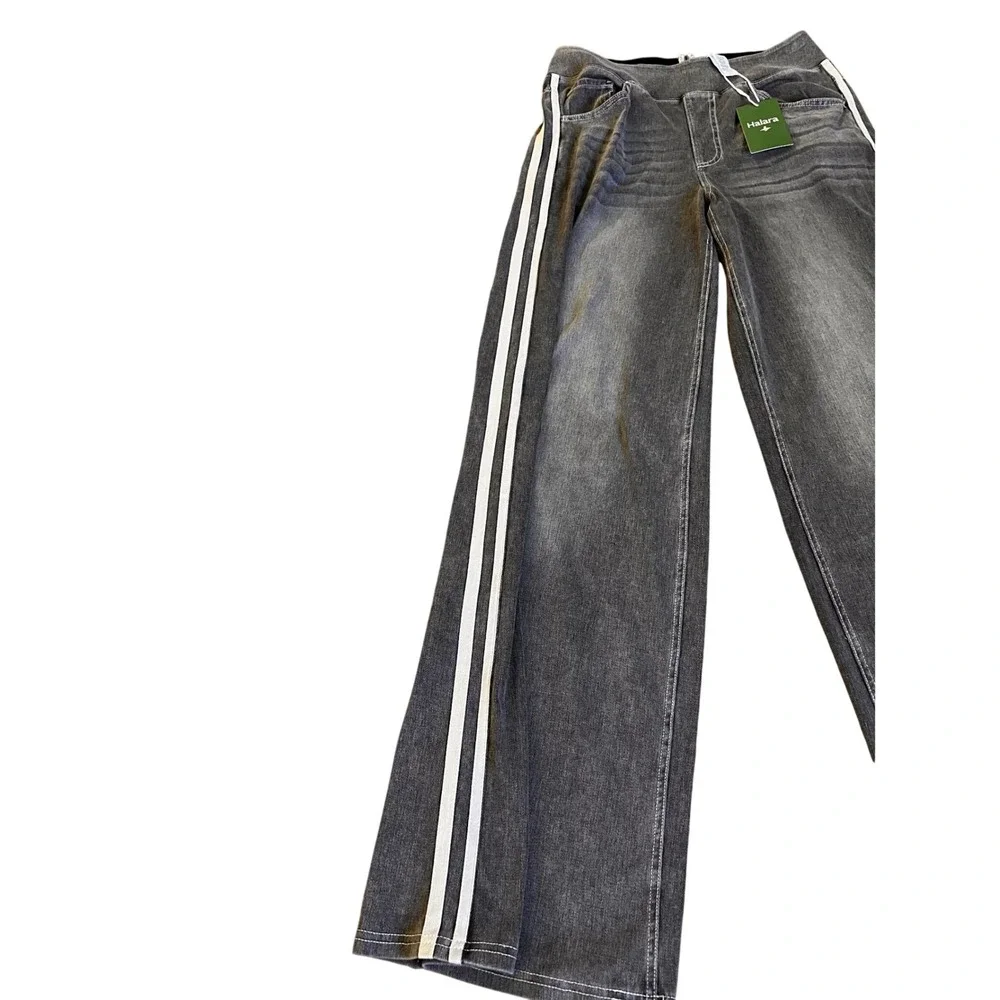 Halara Womens Wide Leg Denim Trousers Washed Grey White Side Stripe Size M New - Picture 3 of 10